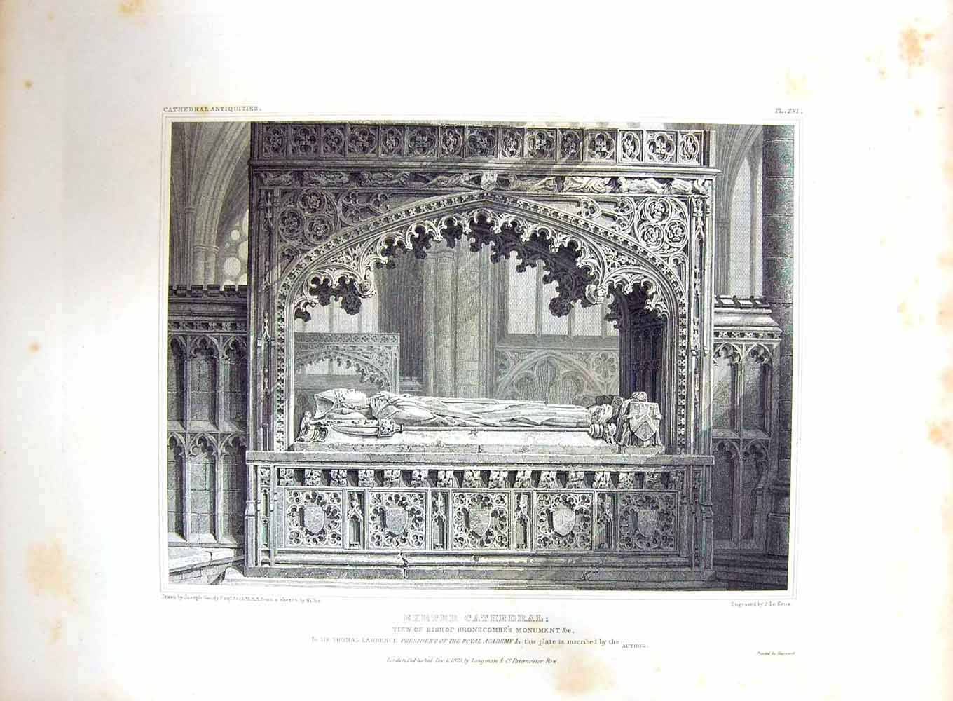 Original Old Antique Print 1825 Exeter Cathedral Bishop Bronscombe Keux Gandy