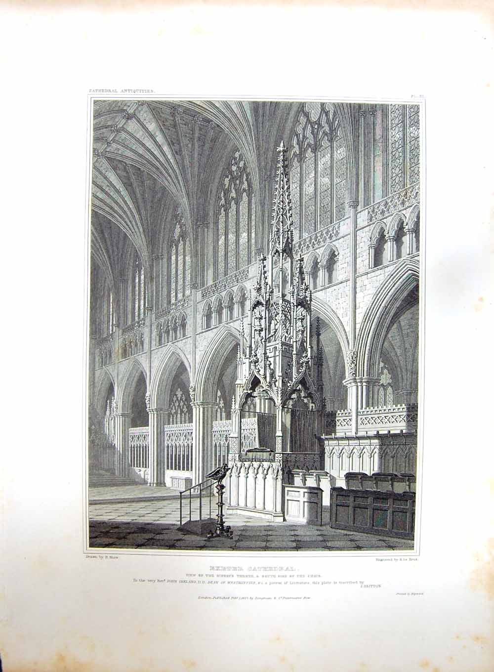 Original Old Antique Print 1827 Exeter Cathedral Bishops Throne Choir Keux Shaw