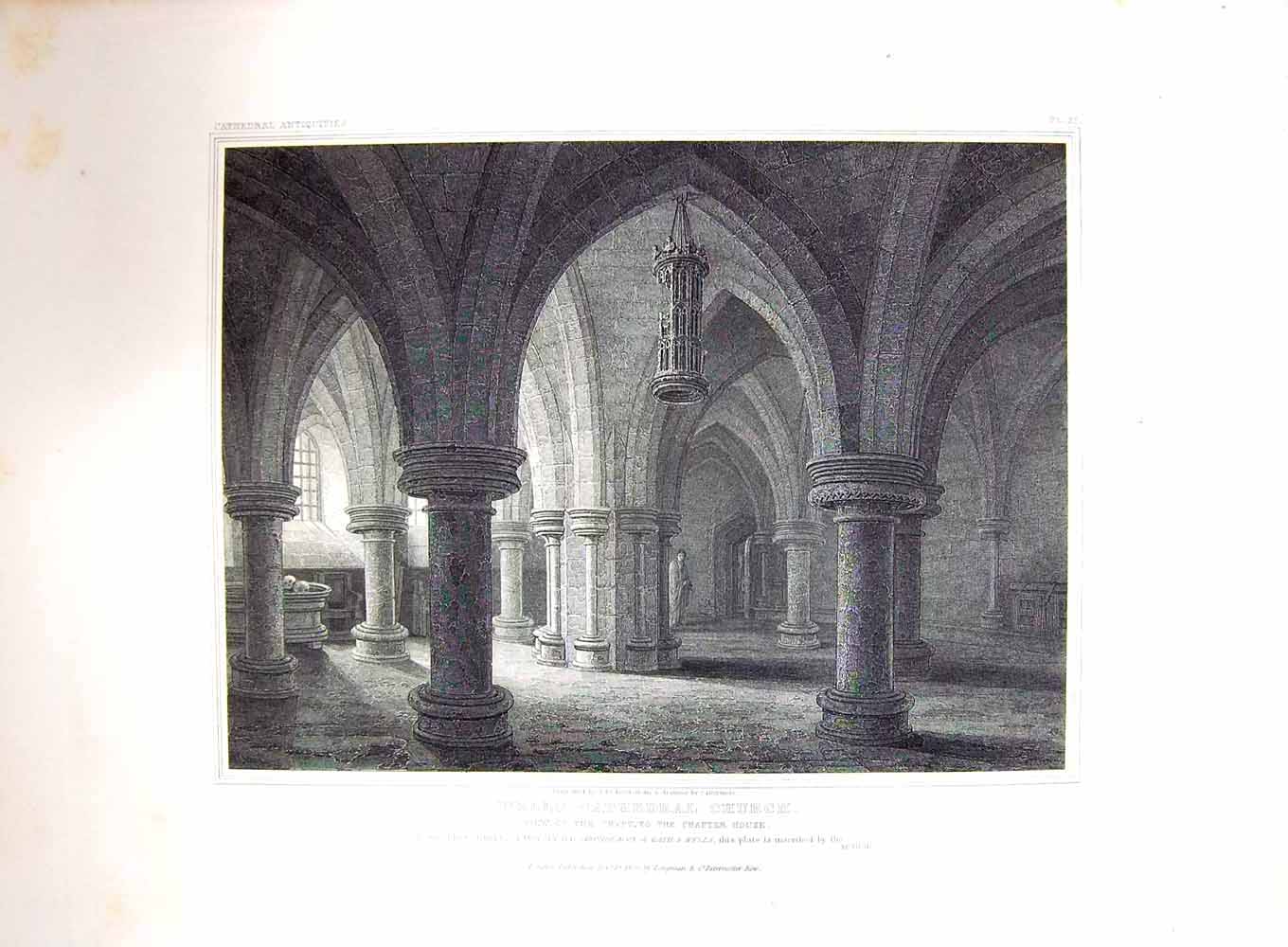 Original Old Antique Print 1823 Wells Cathedral Church Crypt Chapter Cattermole