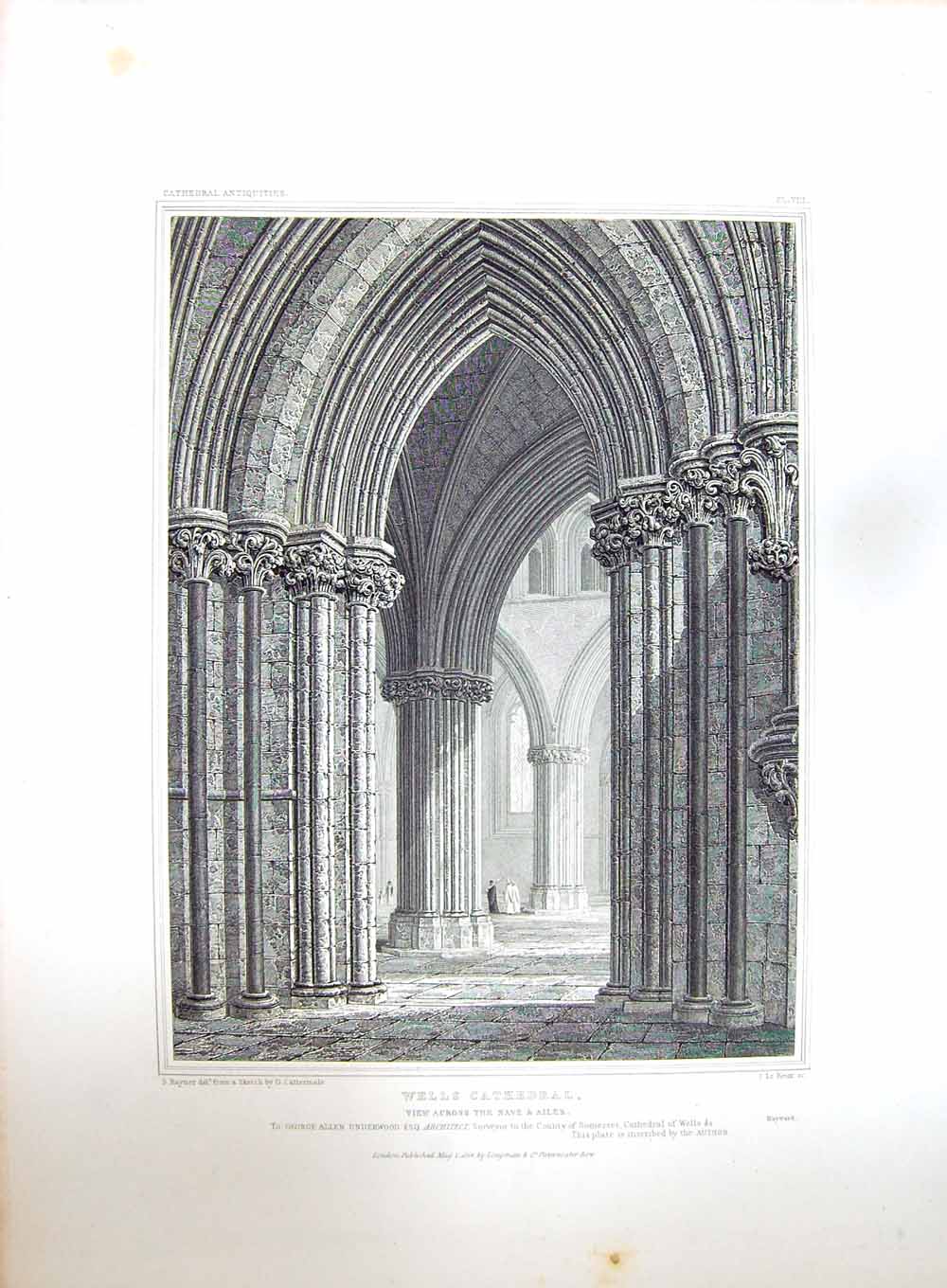 Original Old Antique Print 1824 Wells Cathedral Nave Ailes Keux Cattermole 19th