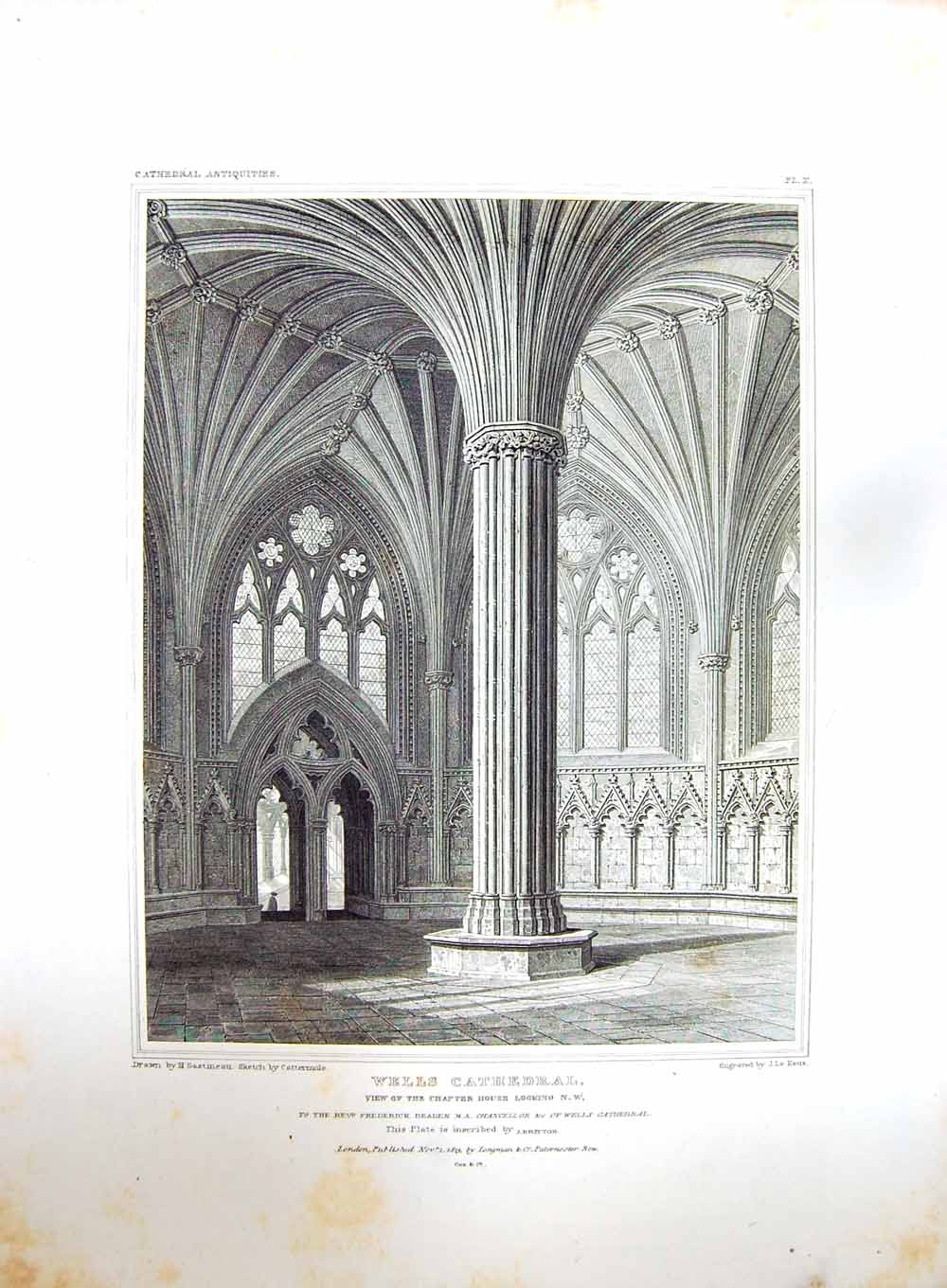 Original Old Antique Print 1823 Wells Cathedral Chapter House Keux Cattermole