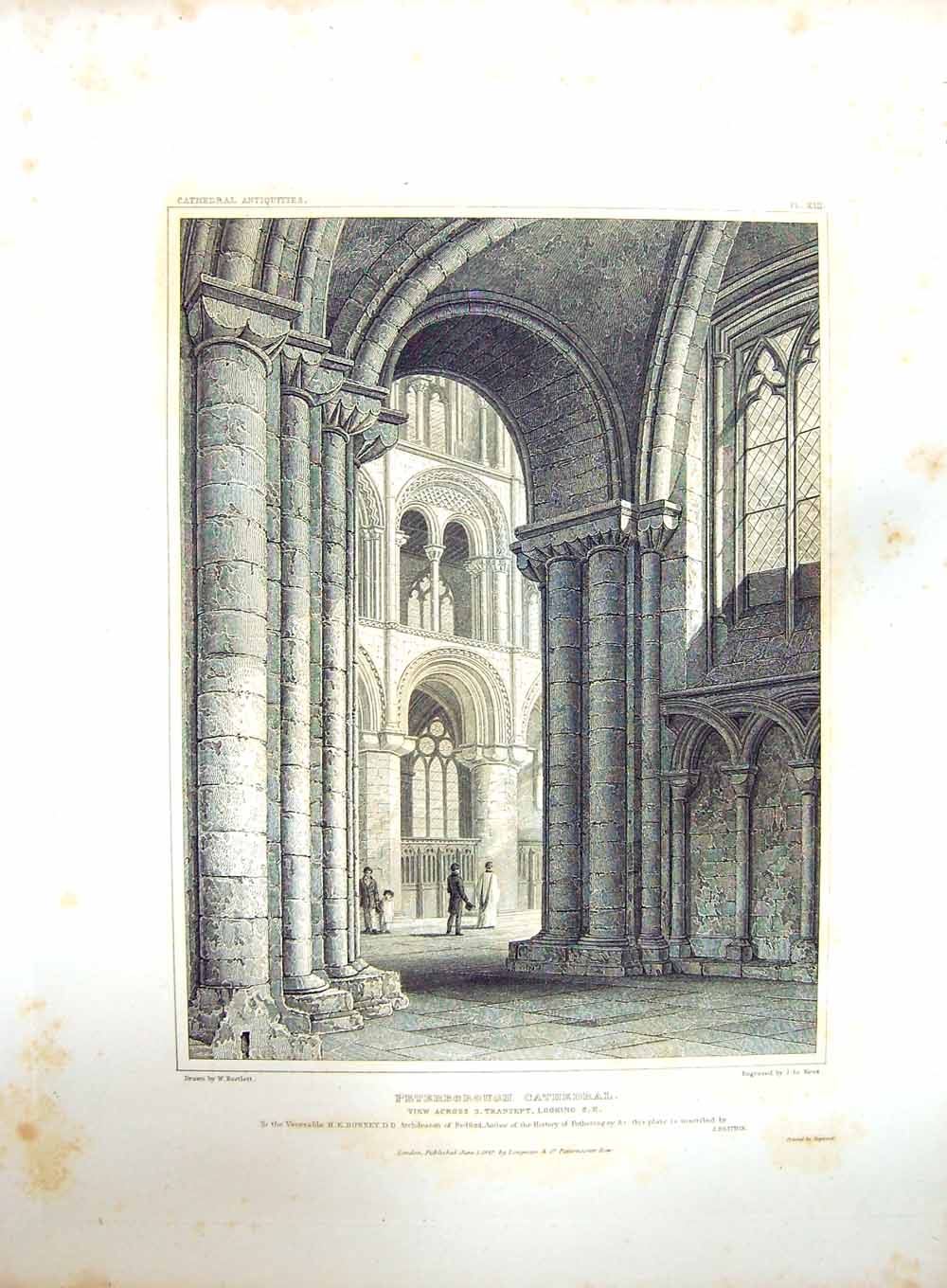 Original Old Antique Print 1827 Peterbrough Cathedral Bartlett Keux Engraving