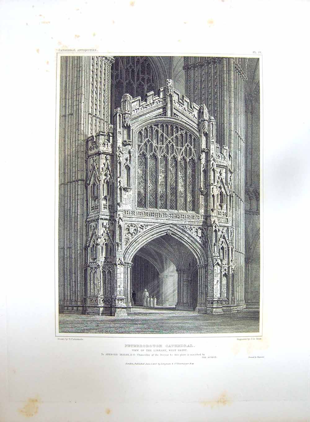 Original Old Antique Print 1827 Peterbrough Cathedral Cattermole Keux Engraving
