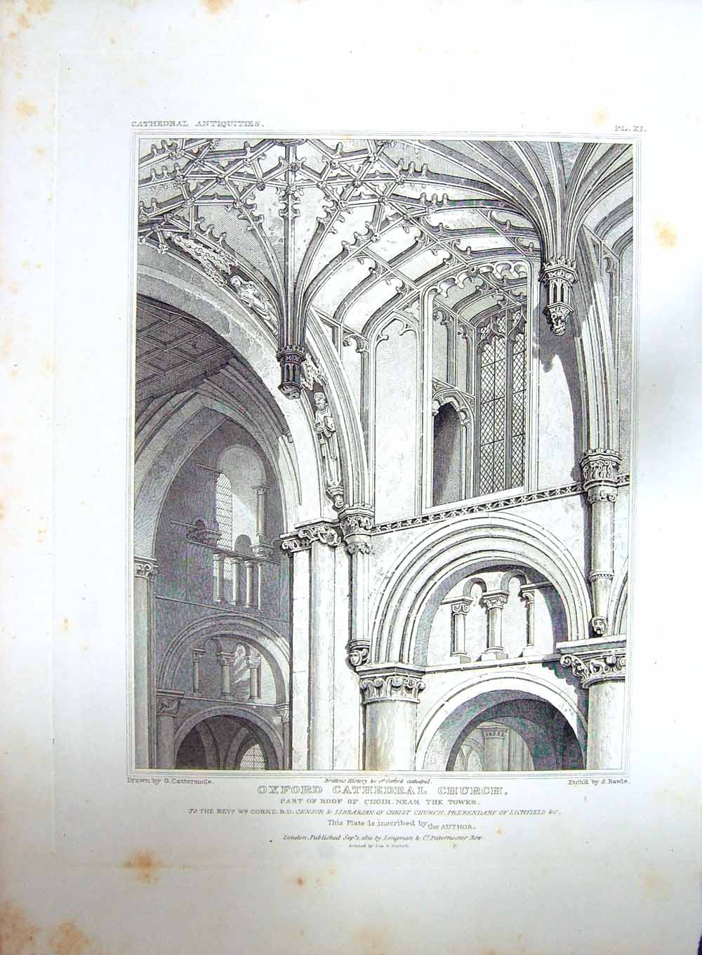 Original Old Antique Print 1820 Oxford Cathedral Church Tower Rawle Cattermole