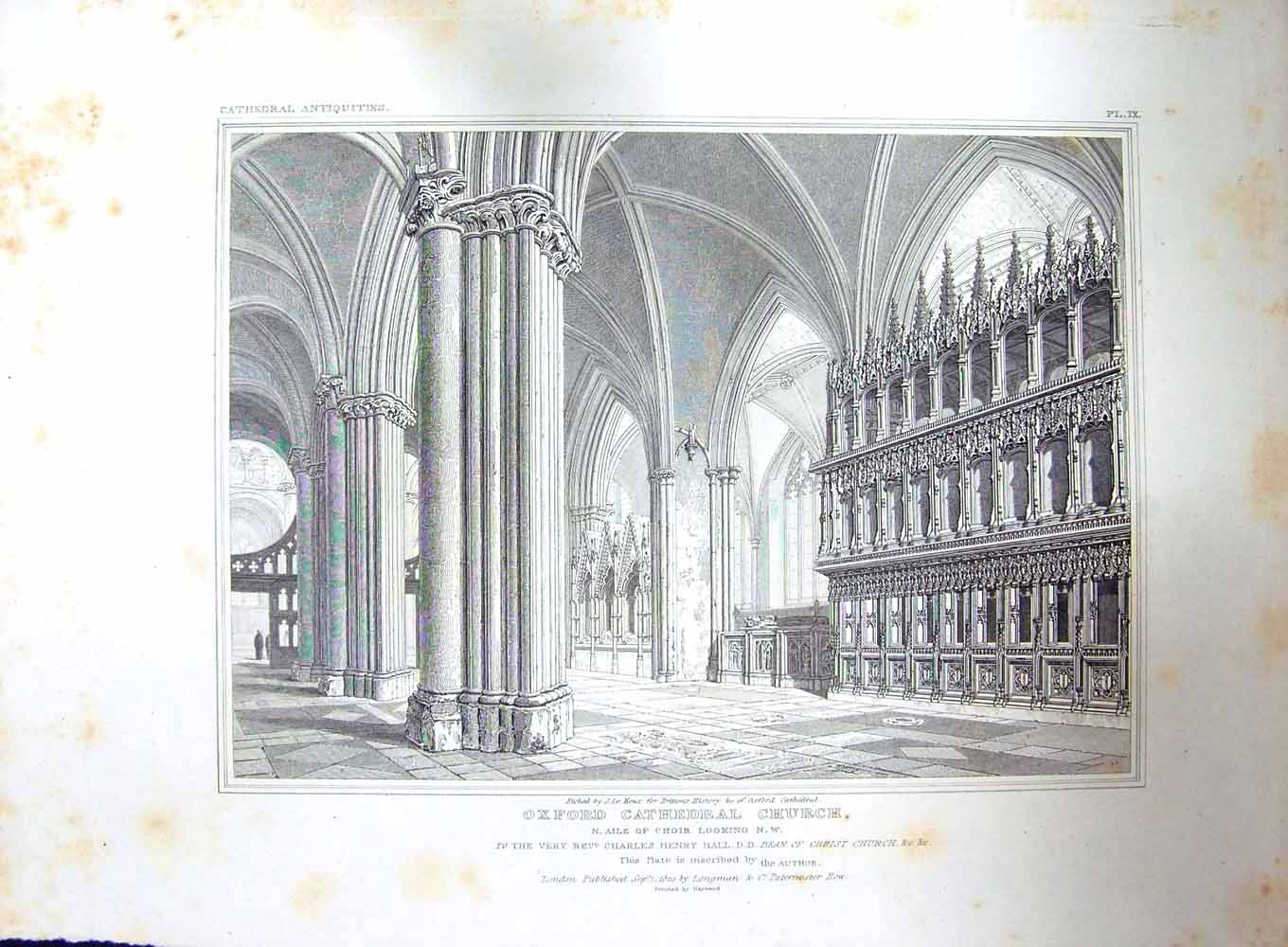 Original Old Antique Print 1820 Oxford Cathedral Church Henry Hall Keux 19th