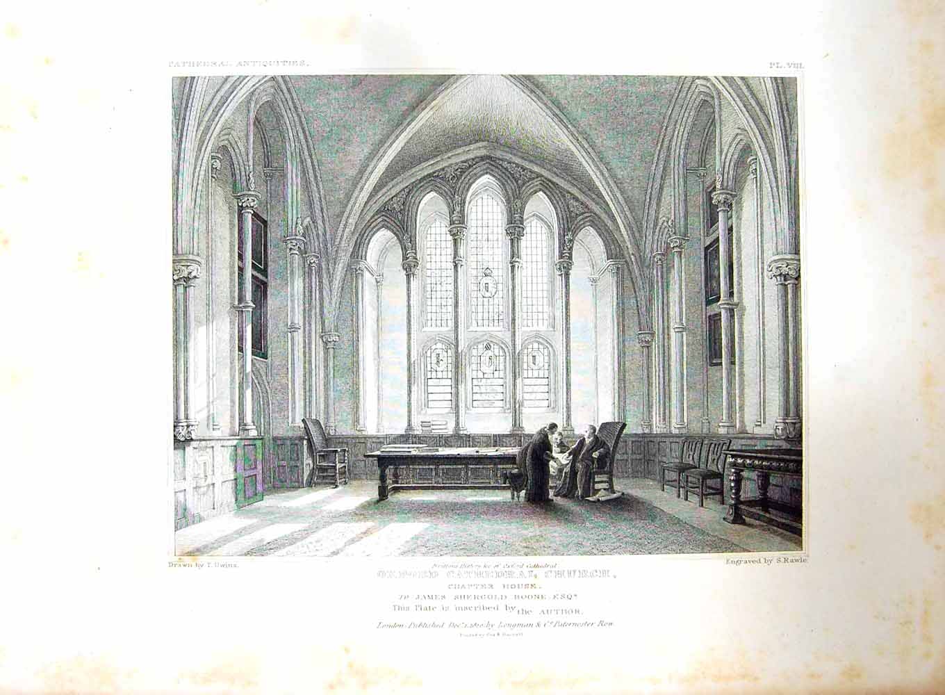 Old Antique Print 1820 Oxford Cathedral Church Chapter House Rawle Uwins 19th