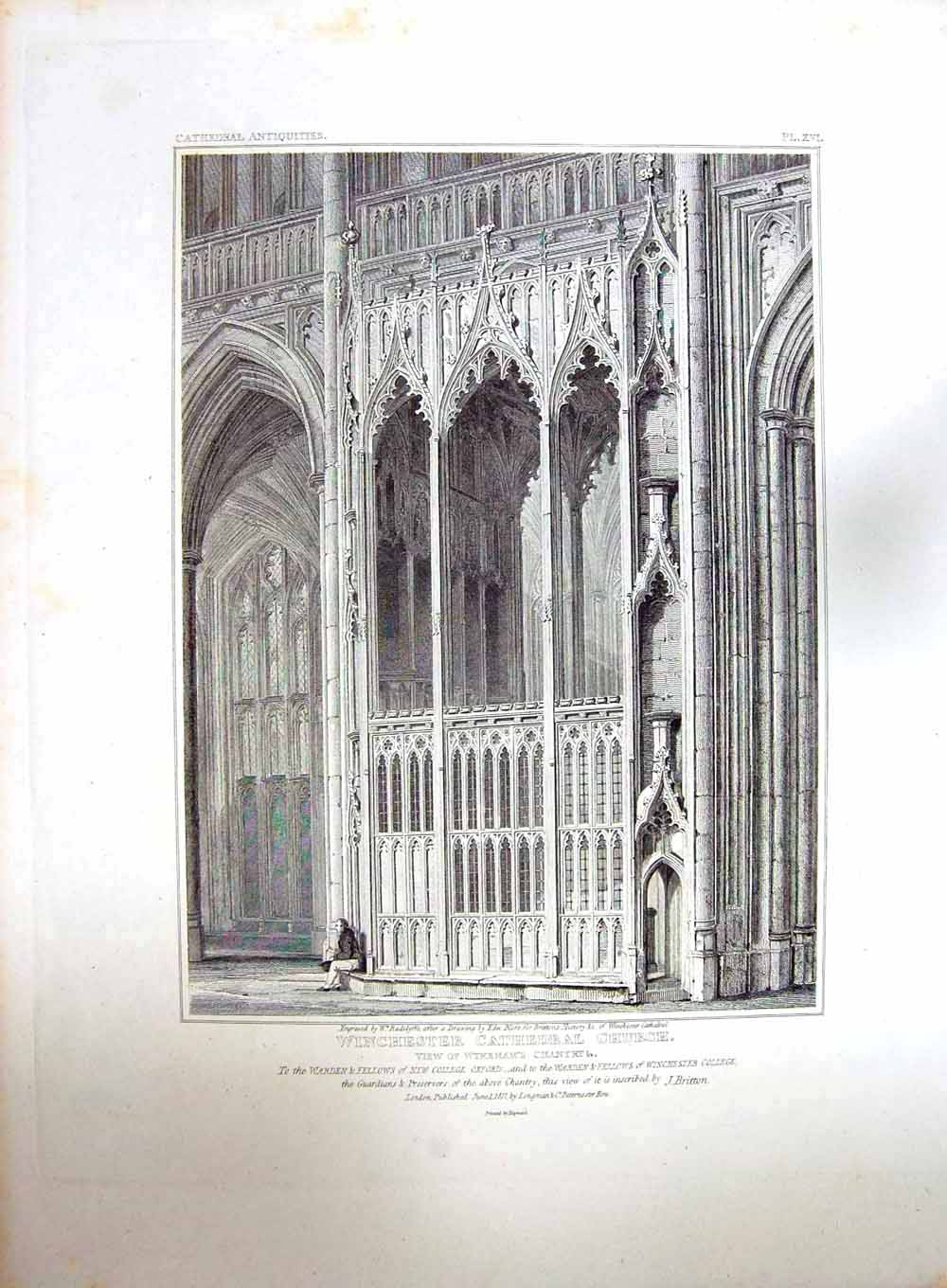 Original Old Antique Print 1817 Winchester Cathedral Church Wykenhams Chantry