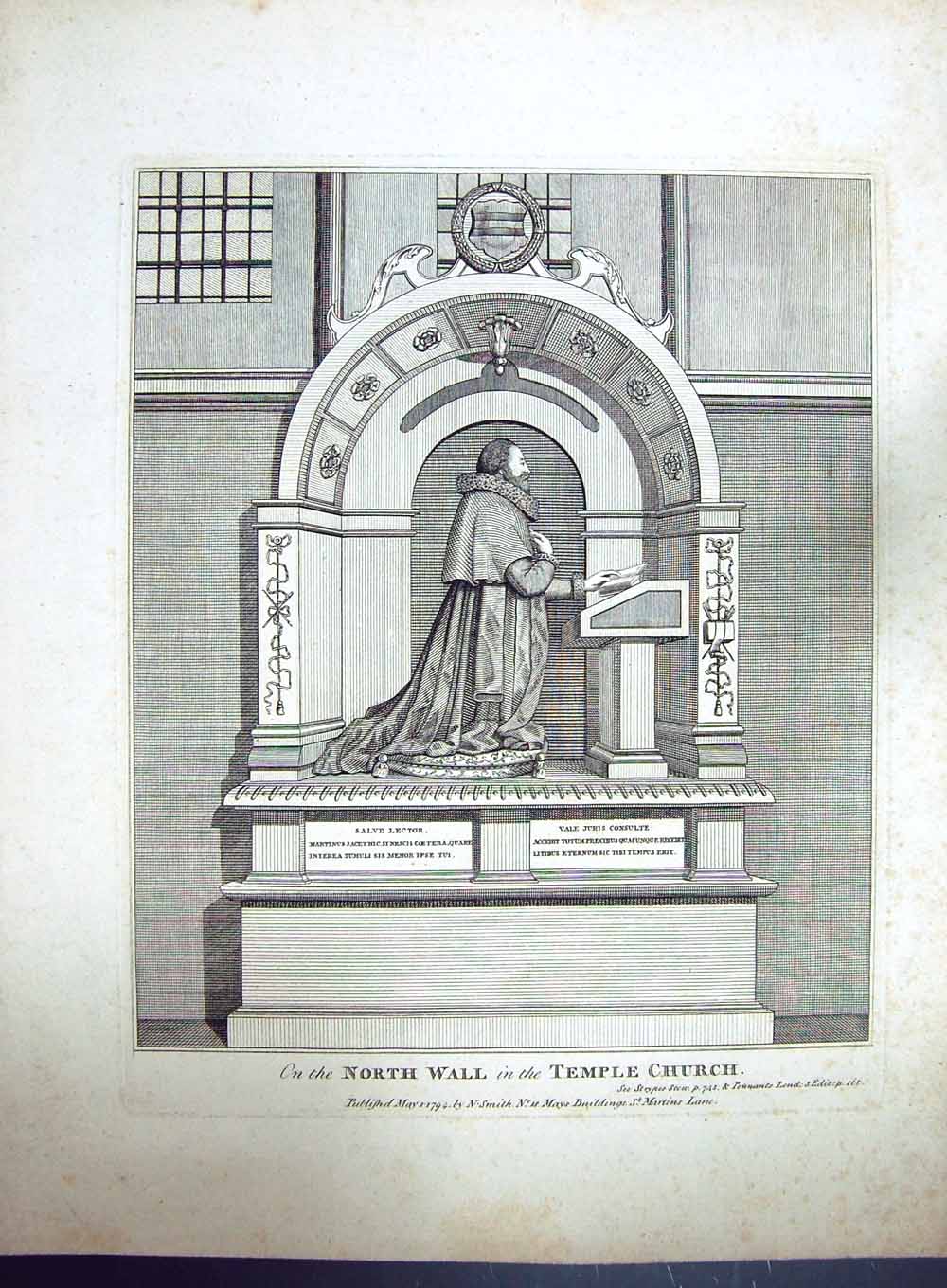 Original Old Antique Print 1794 North Wall Temple Church Monumnt Smith Mays