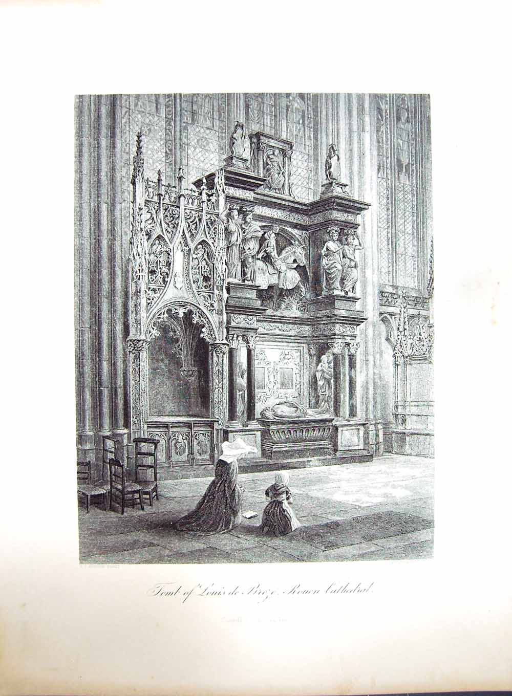 Original Old Antique Print Tomb Louis Breze Rouen Cathedral Hodson Hinshelwood