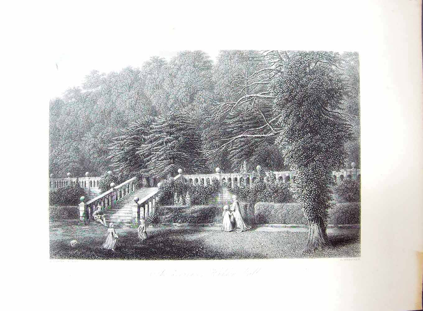Original Old Antique Print Chase Godfrey Terrace Haddon Hall Garden Engraving