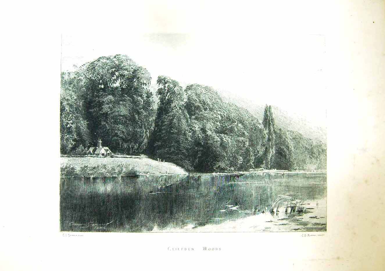 Original Old Antique Print Seymour Murray View Cliefden Woods Trees Lake