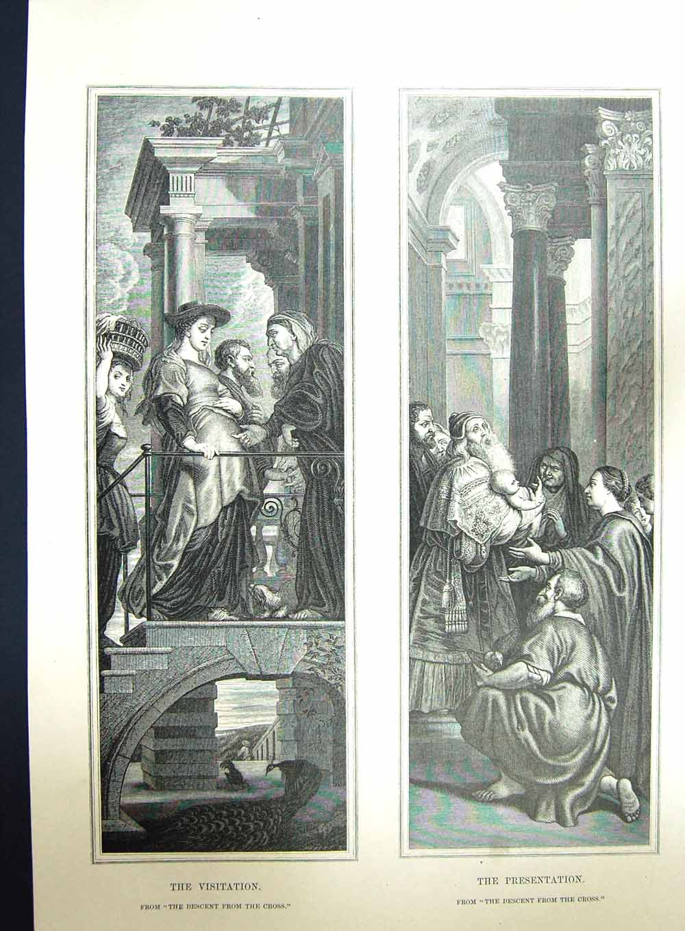 Original Old Antique Print Religion Visitation Presentation Descent Cross Jesus