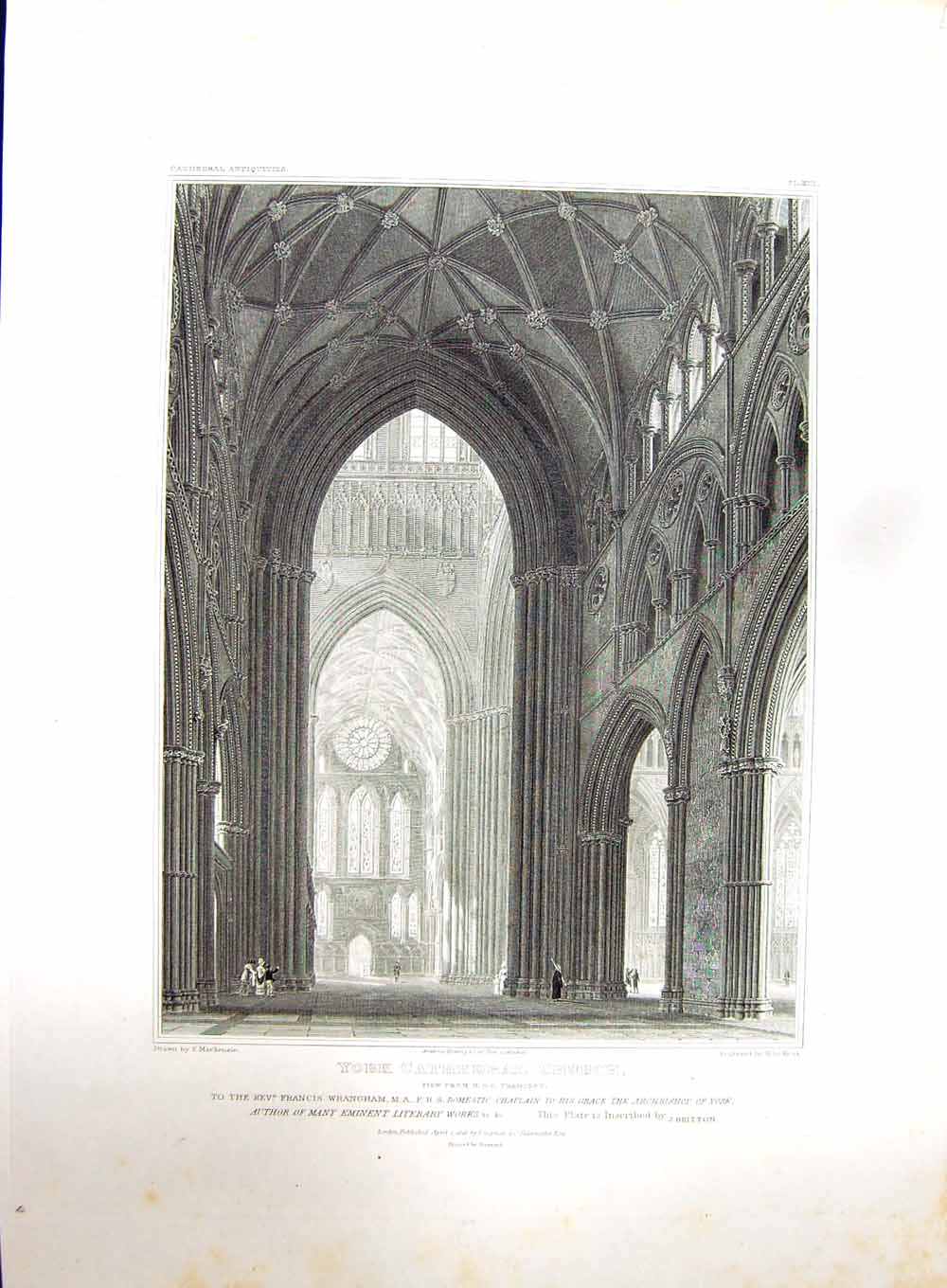 Original Old Antique Print 1818 York Cathedral Church Transept Keux Mackenzie