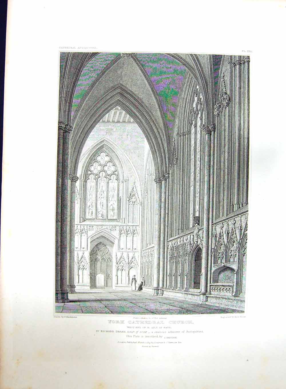 Original Old Antique Print 1819 York Cathedral Church Aile Nave Keux Mackenzie