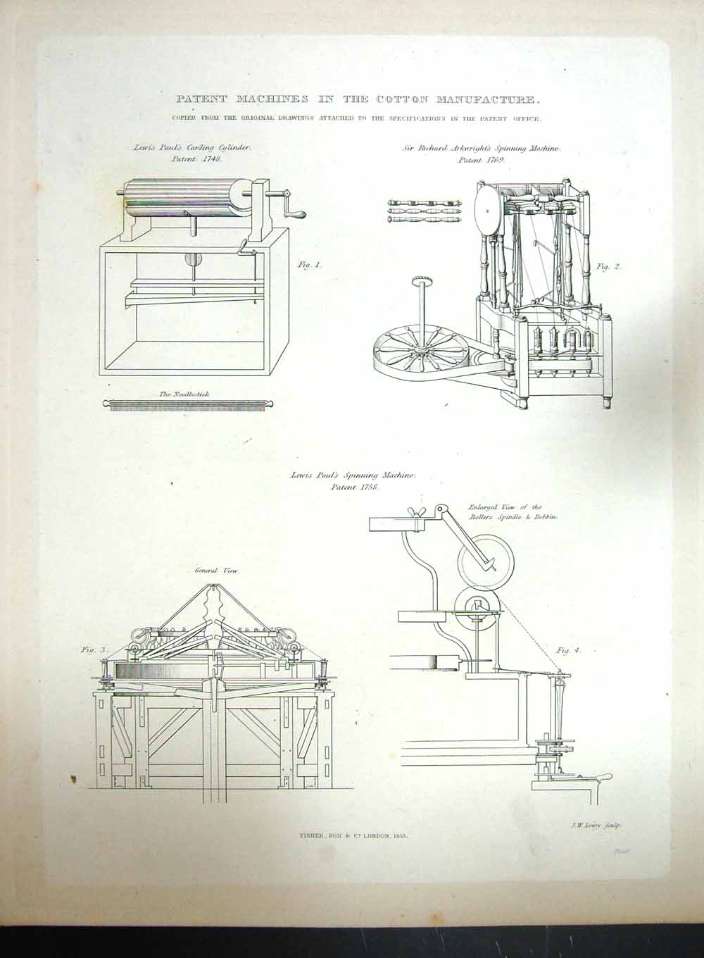 Original Old Antique Print 1833 Patent Machines Cotton Manufacture Lewis Paul