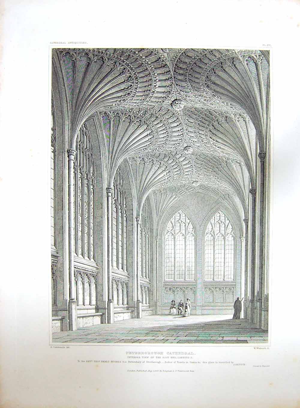 Original Old Antique Print 1827 Peterborough Cathedral Cattermole Woolnoth 19th
