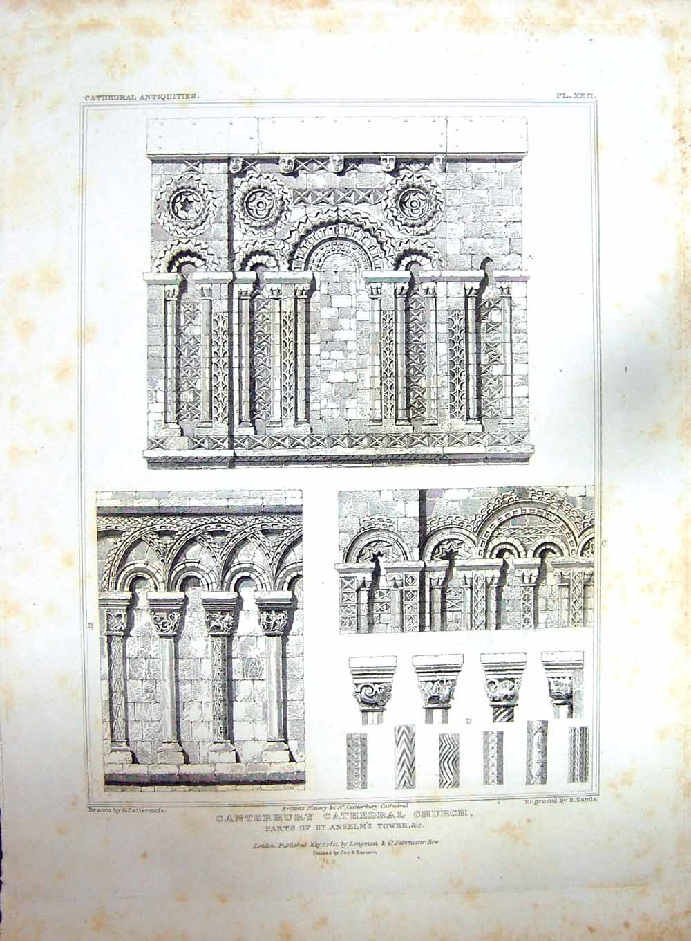 Original Old Antique Print 1821 Cattermole Sands Canterbury Church Cathedral