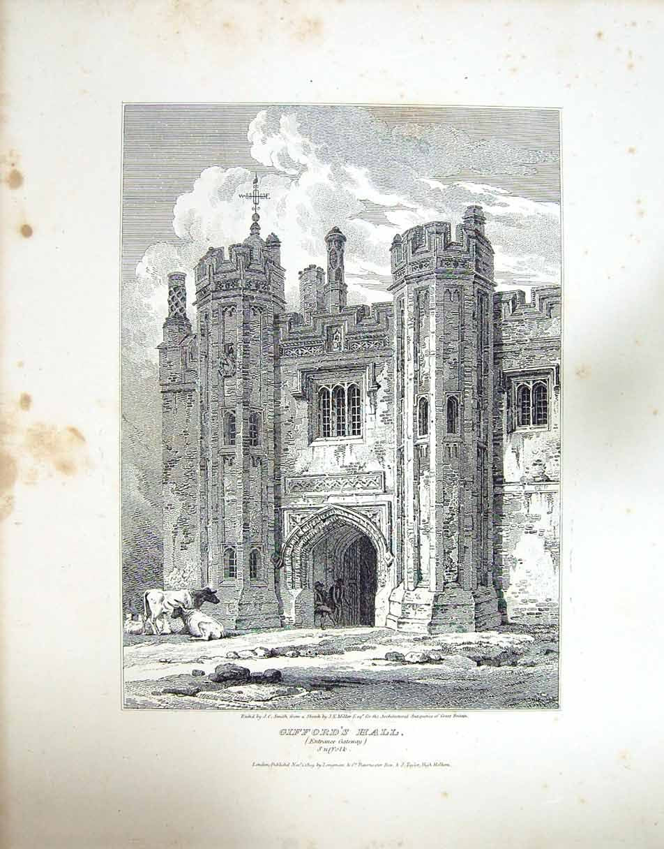Original Old Antique Print 1809 Gifford'S Hall Suffolk Entrance Gateway Smith