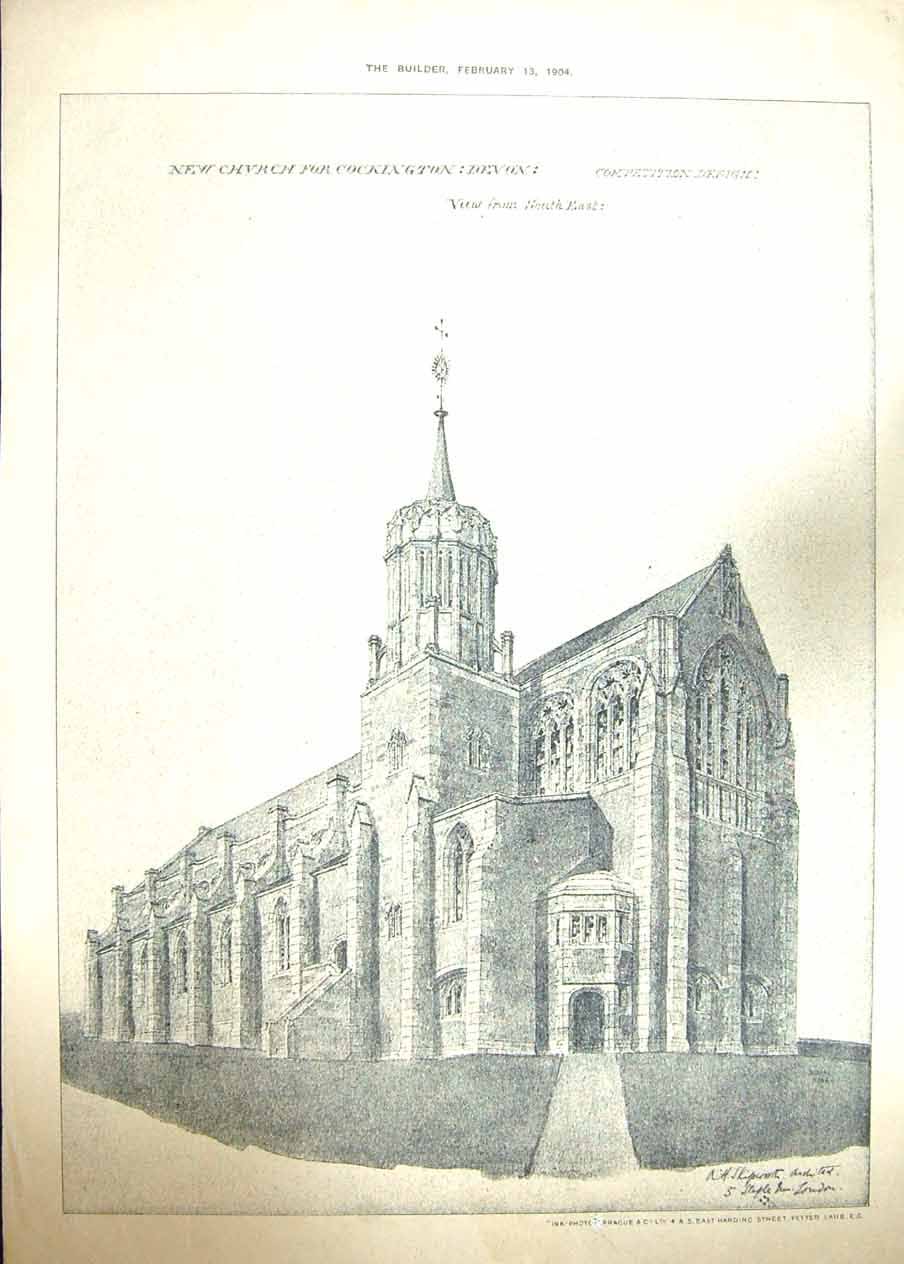 Original Old Antique Print Church Cockington Devon 1904 Architecture 20th