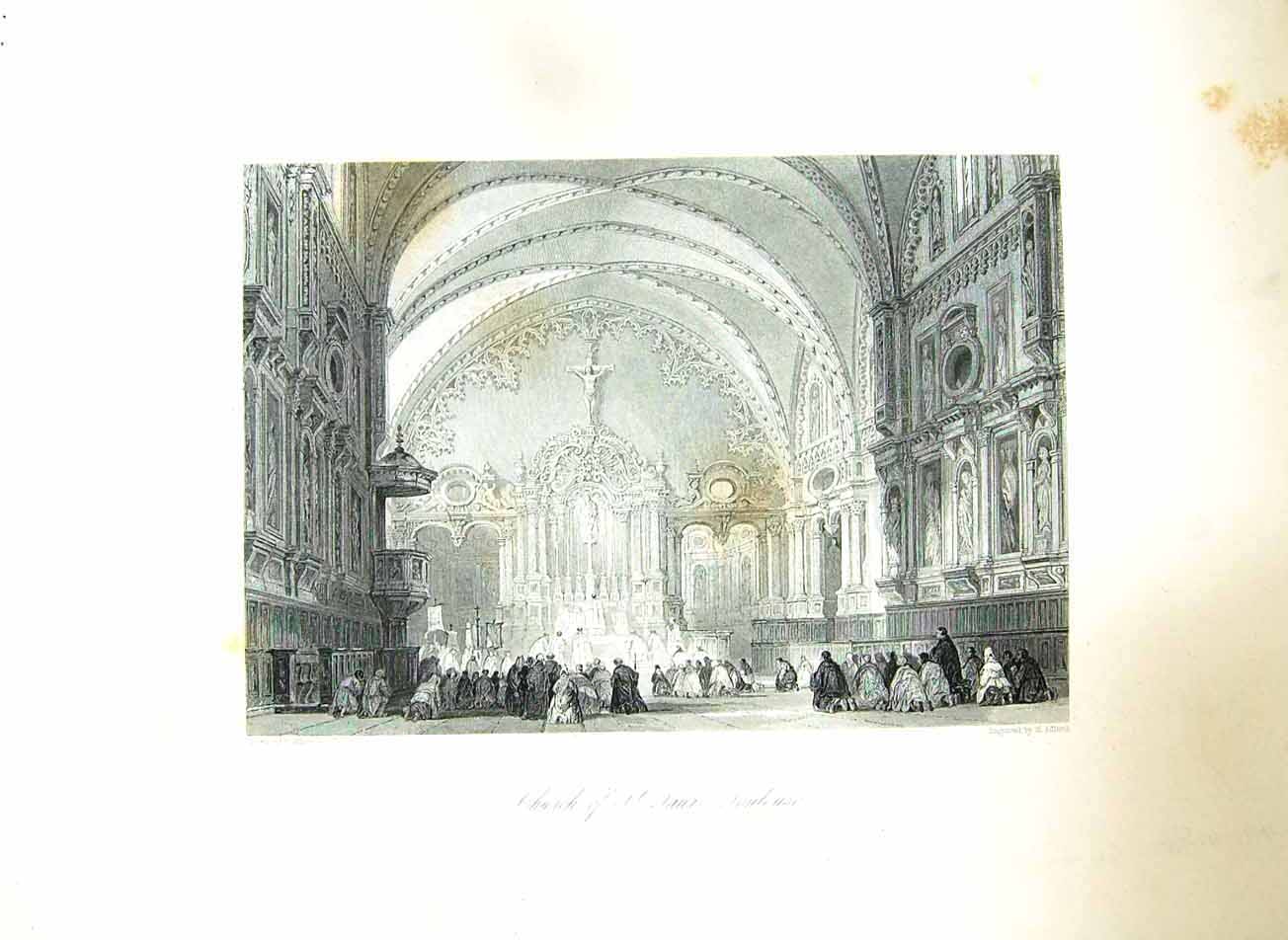 Original Old Antique Print Church St. Taur Toulous France Adlard Allom 19th