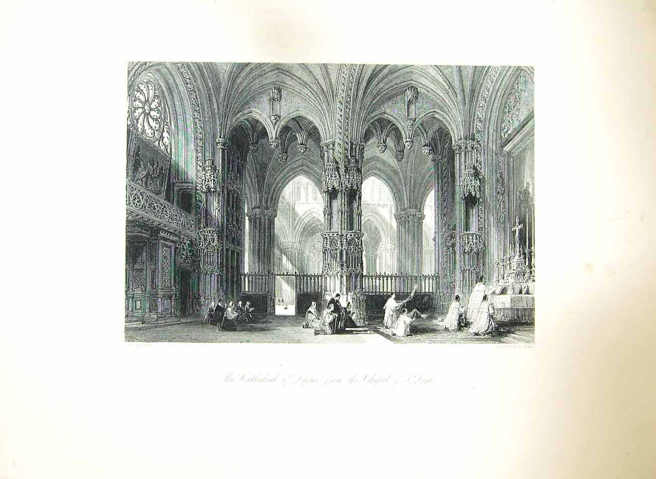 Original Old Antique Print Cathedral Lyons Chapel St. Louis Challis Allom 19th
