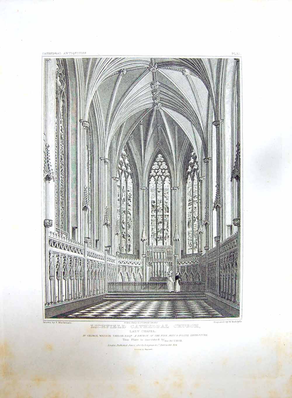 Old Antique Print 1810 Lichfield Cathedral Church Lady Chapel Radclyffe 19th