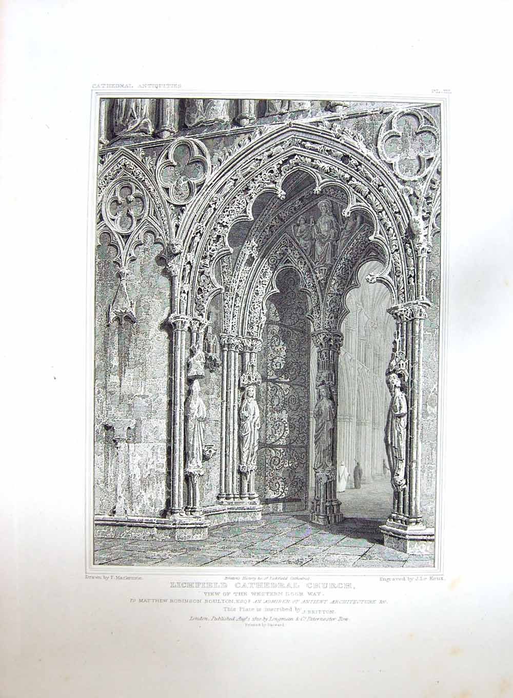 Original Old Antique Print 1820 Lichfield Cathedral Church Door Keux Mackenzie