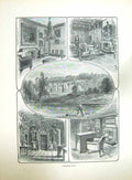 Original Old Antique Print Abbotsford Mansion House Fishing River Architecture