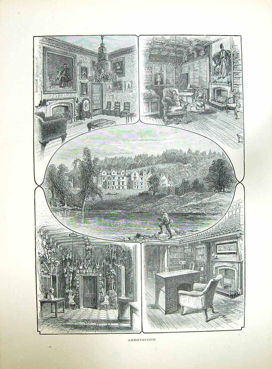 Original Old Antique Print Abbotsford Mansion House Fishing River Architecture