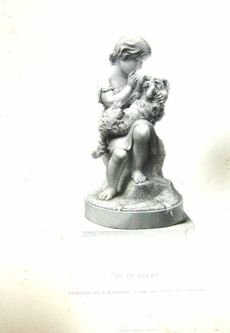 Original Old Antique Print Sculpture Little Girl Puppy Dog Stodart Engraving