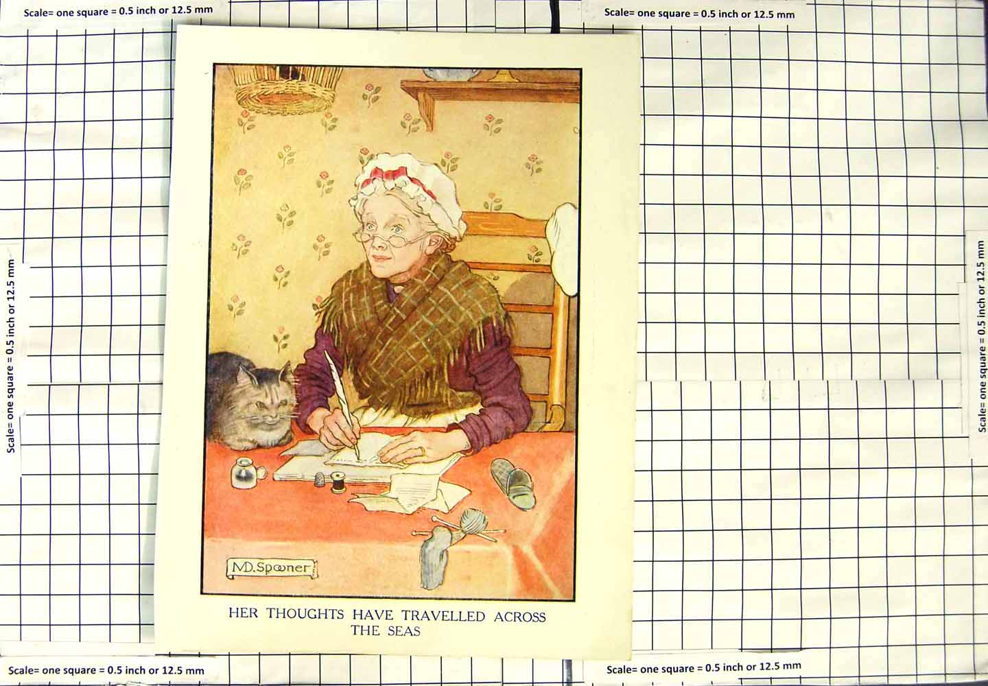 Original Old Antique Print Colour Lady Writing Letter Cat