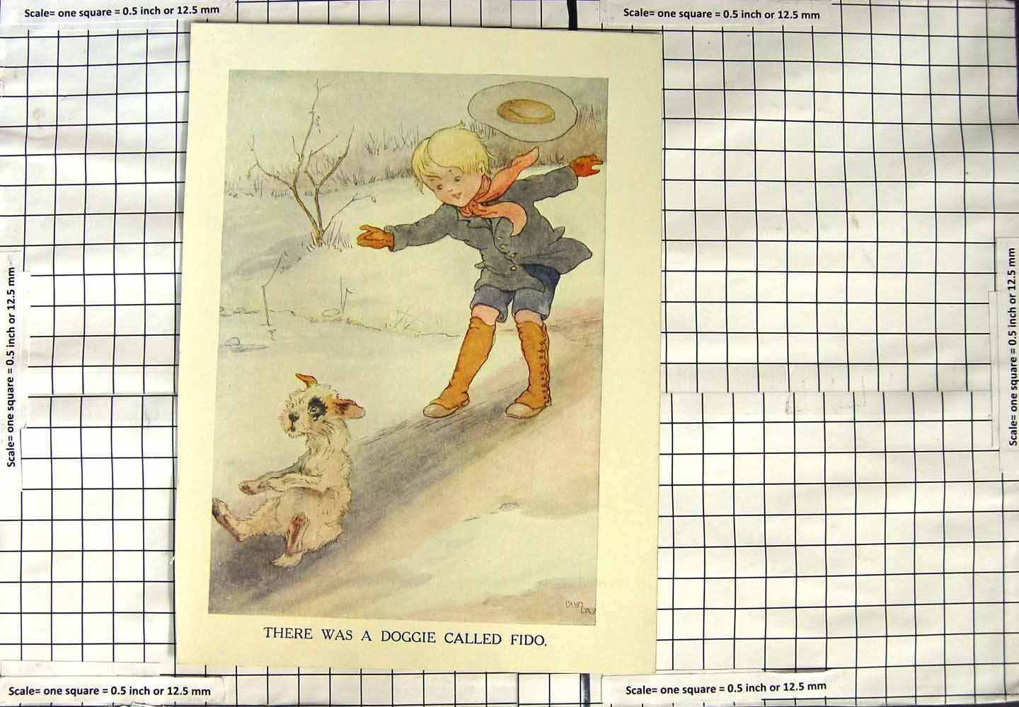 Original Old Antique Print Colour Little Boy Doggie Fido Winter