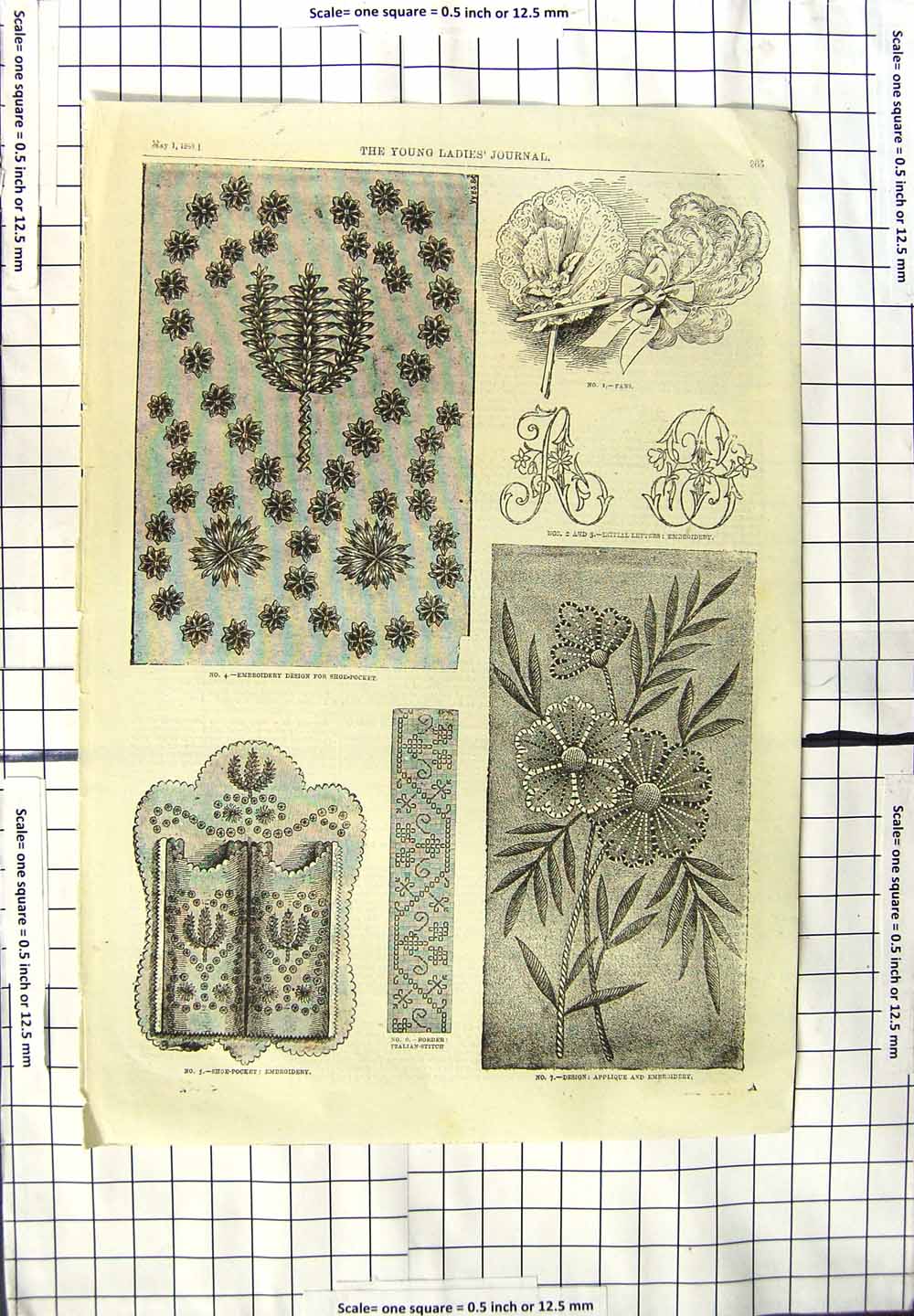Original Old Antique Print 1893 Fashion Applique Embroidery Shoe-Pocket Italian