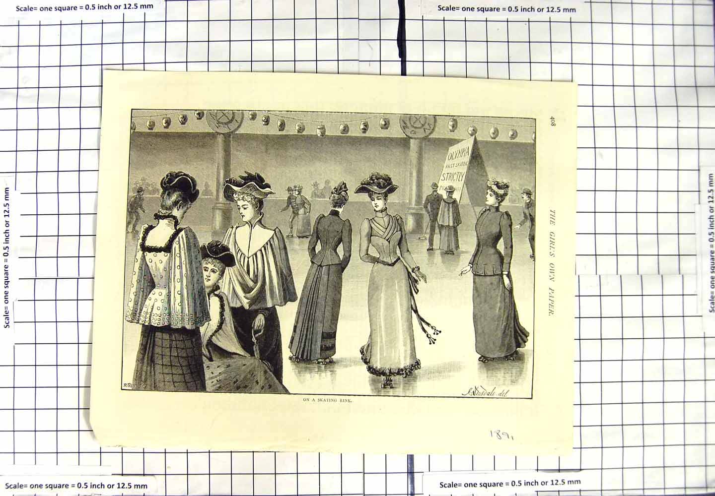 Original Old Antique Print 1891 Olympia Ice Skating Ladies Man 19th