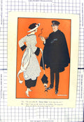 Original Old Antique Print Colour Army Man Smoking Lady Romance
