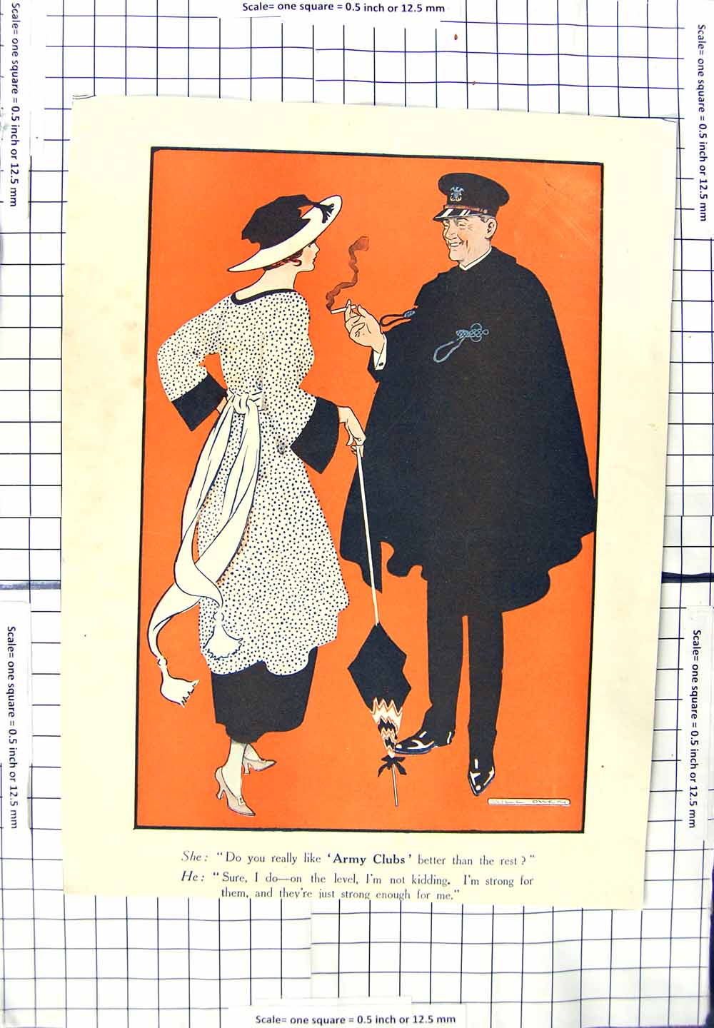 Original Old Antique Print Colour Army Man Smoking Lady Romance
