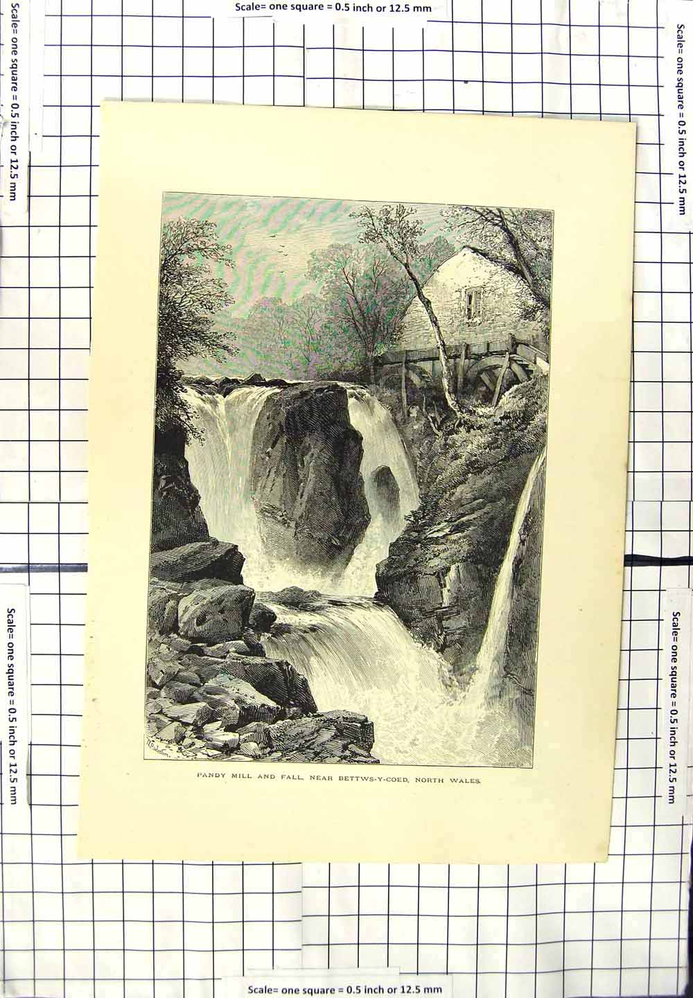 Original Old Antique Print Pandy Mill Fall Bettws-Y-Coed Wales