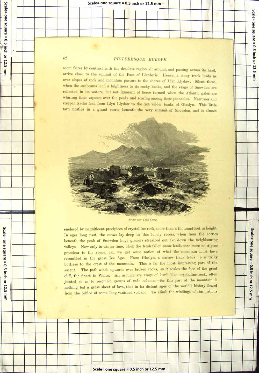 Original Old Antique Print Bridge Capel Curig Mountains