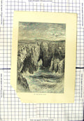 Original Old Antique Print Iron Board Coast Cliffs Stormy Sea