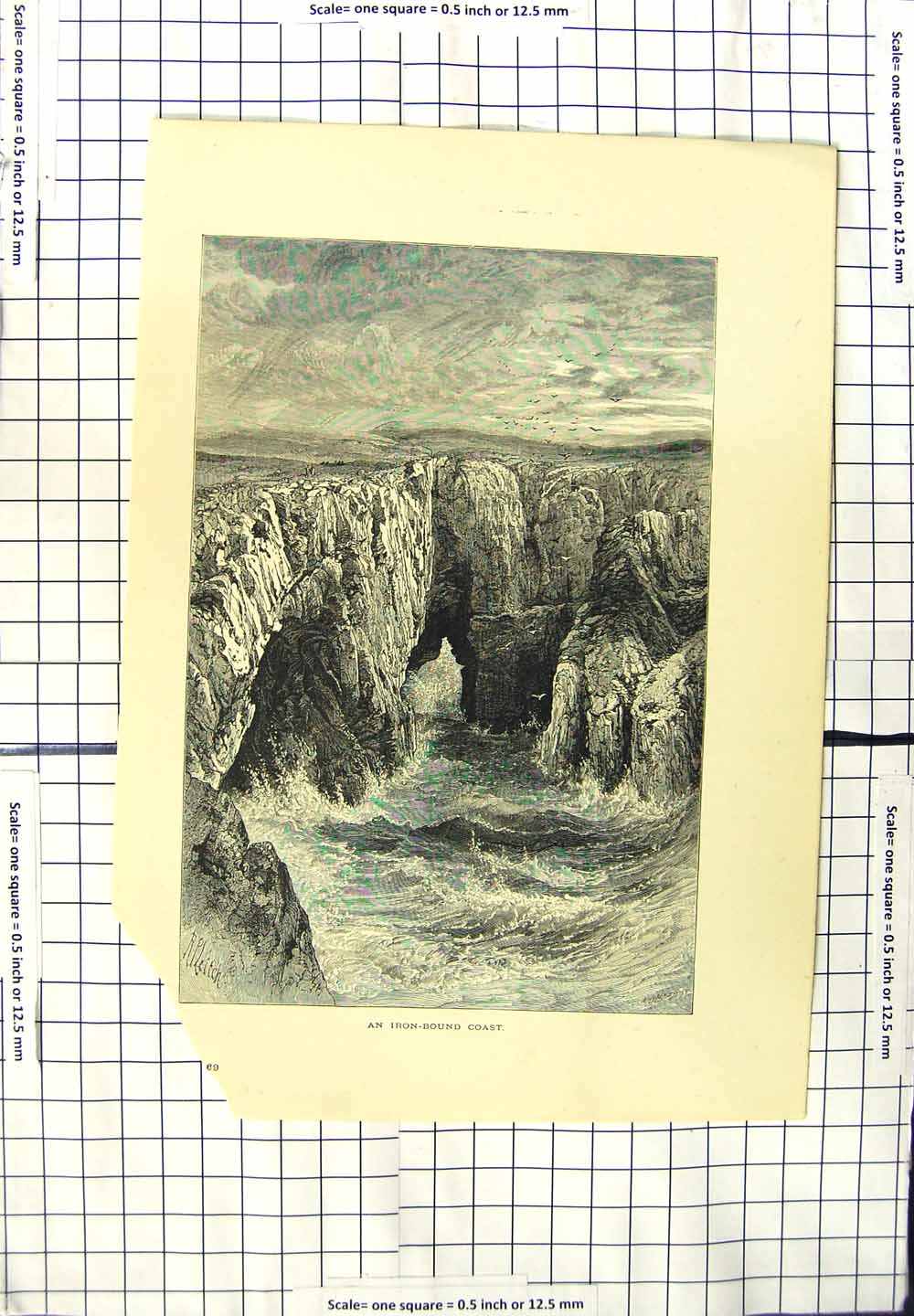 Original Old Antique Print Iron Board Coast Cliffs Stormy Sea