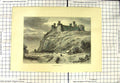 Original Old Antique Print View Harlech Castle Ruins Mountains