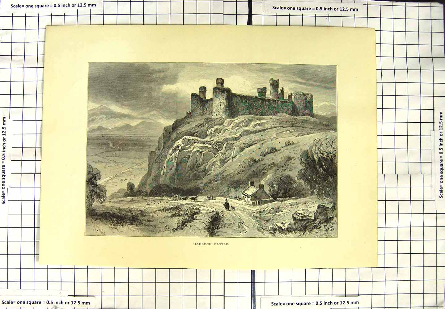 Original Old Antique Print View Harlech Castle Ruins Mountains