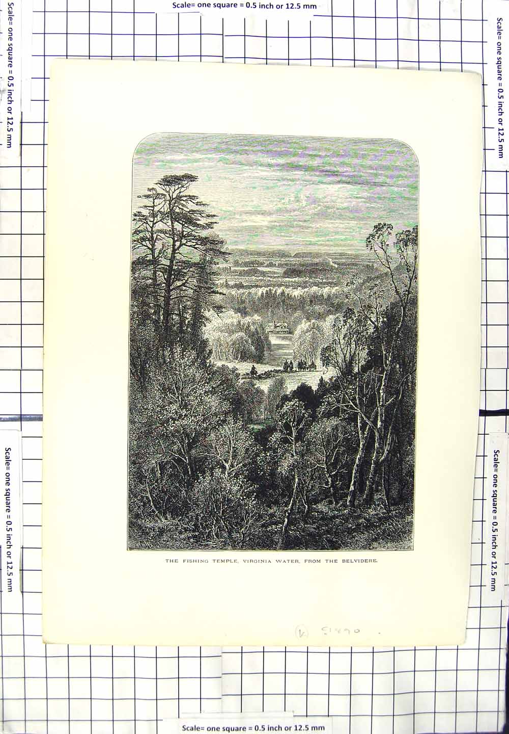Original Old Antique Print Fishing Temple Virginia Water Belvidere Trees
