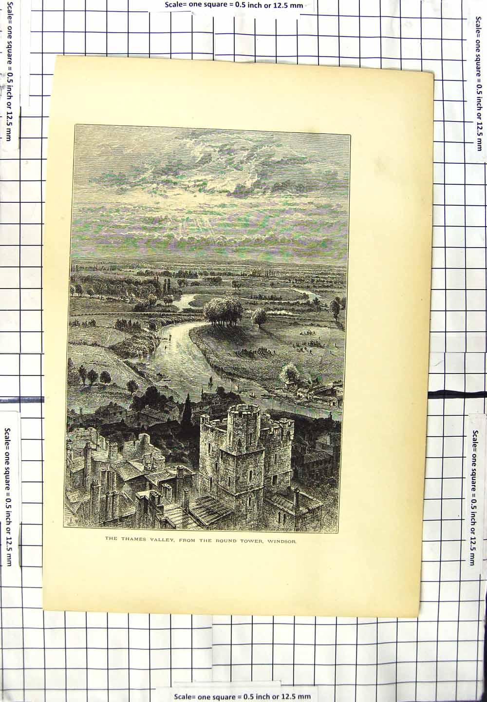 Original Old Antique Print Thames Valley Round Tower Windsor Castle London