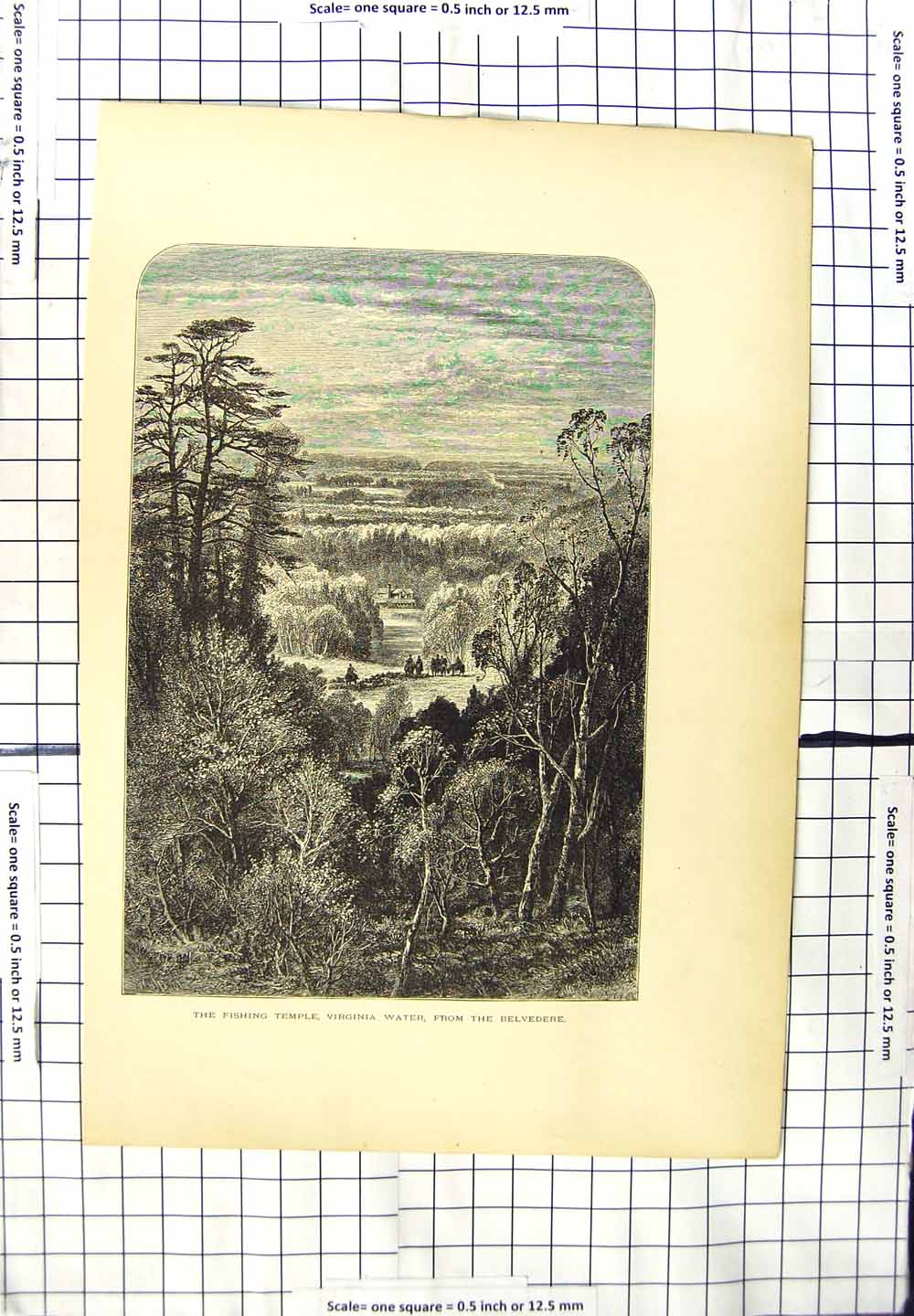 Original Old Antique Print View Belvedere Fishing Temple Virginia Water Trees