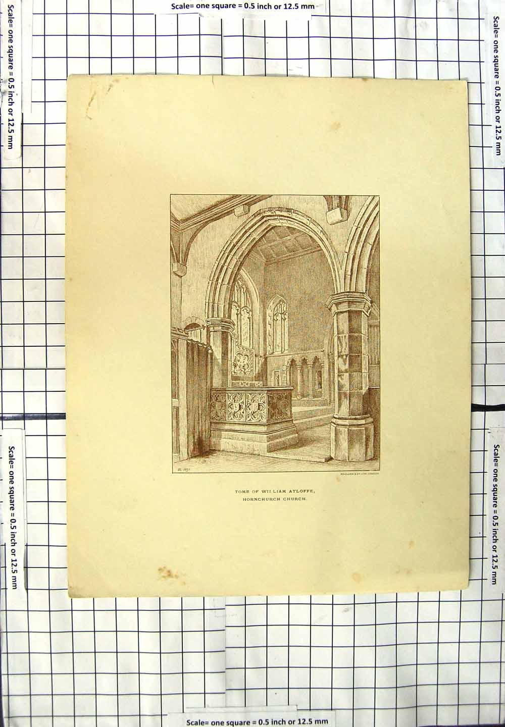 Original Old Antique Print Tomb William Ayloffe Hornchurch Church Architecture
