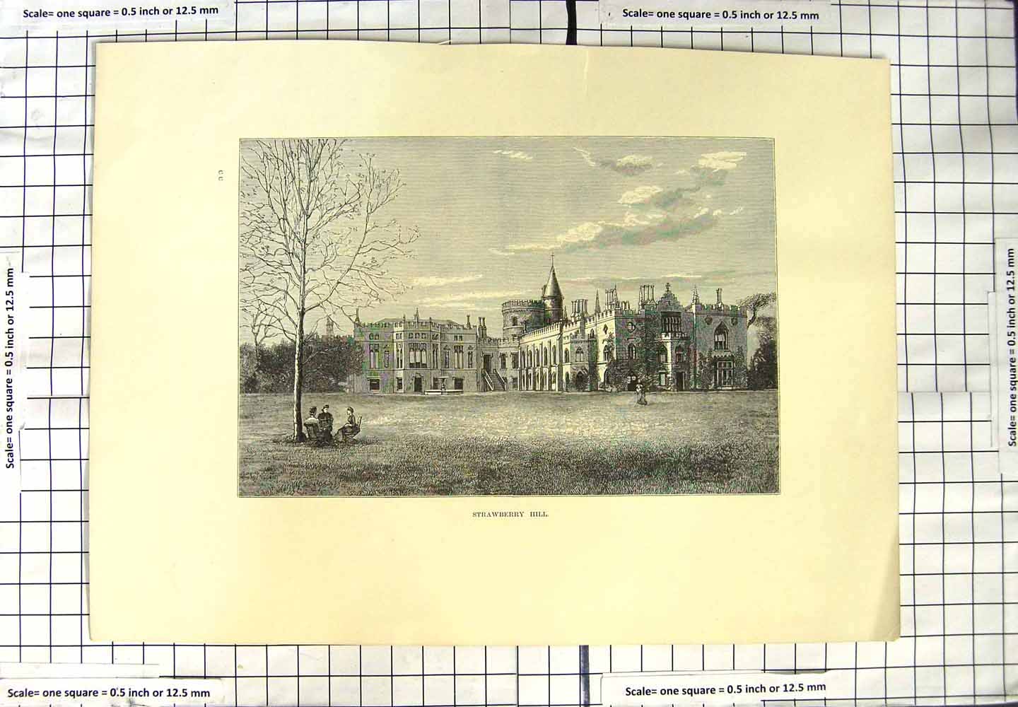 Original Old Antique Print Stawberry Hill Architecture 19th