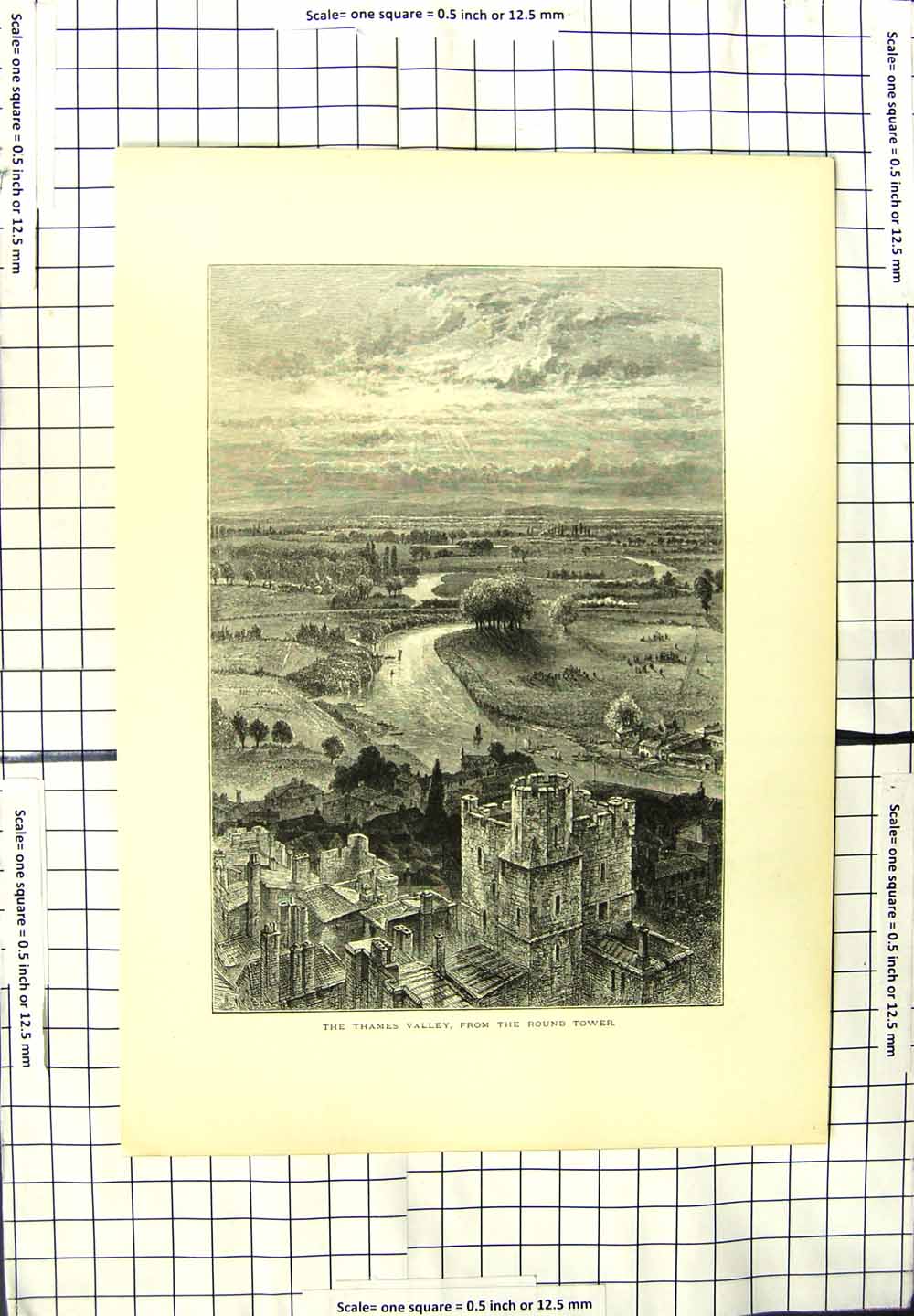 Original Old Antique Print Thames Valley Round Tower Architecture 19th Century