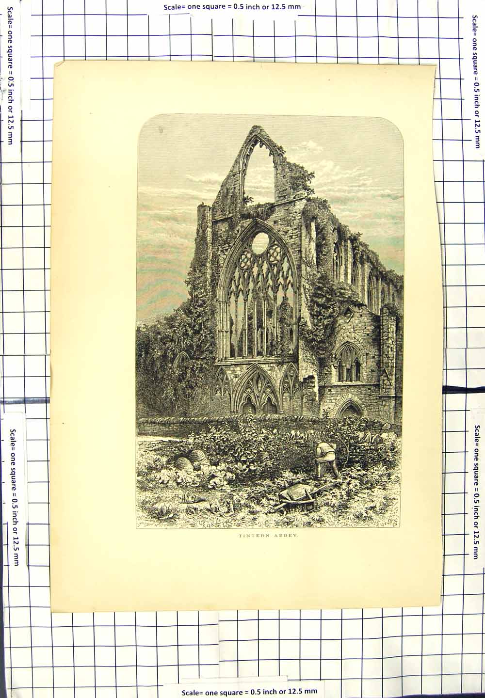 Original Old Antique Print West Front Tintern Abbey Architecture 19th Century