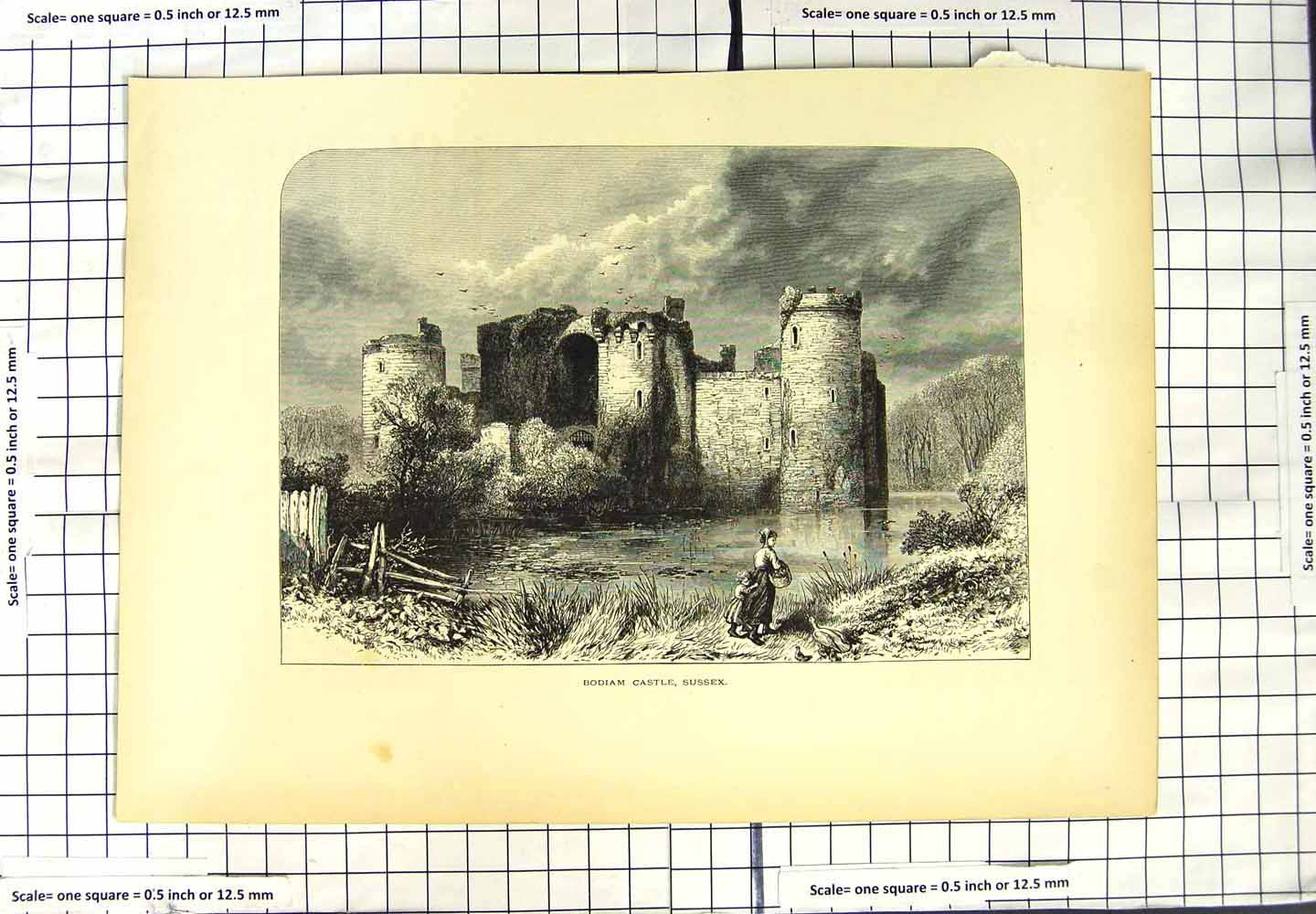 Original Old Antique Print View Bodiam Castle Sussex England 20th Century